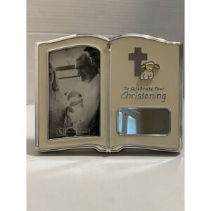 Christening Photo Frame Kids 4x6 Cream Excellent Lamb Cross Book Style